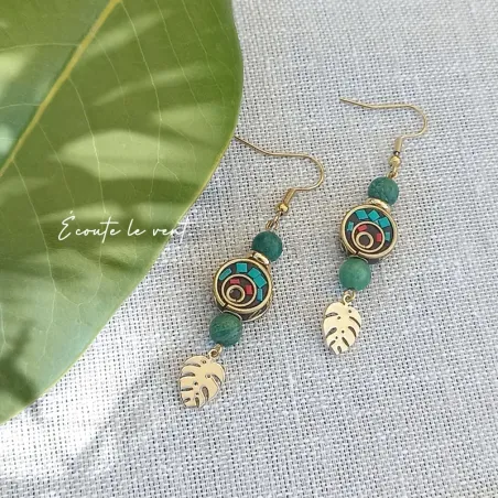 ✨ Boucles d'oreilles en Jade, feuilles de Monstera et perle indonésienne