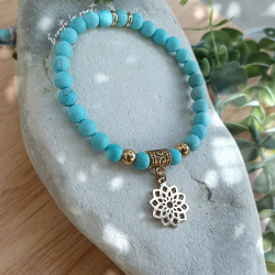 ✨Bracelet en Howlite turquoise – Fleur de vie dorée