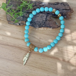 ✨Bracelet en Howlite turquoise – Plume dorée