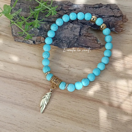 ✨Bracelet en Howlite turquoise – Plume dorée